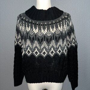 Anthropologie JOHN + JENN WES FAIR ISLE Black Gray & Cream Off-Shoulder Sweater